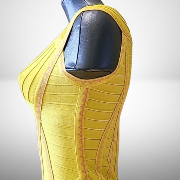 Herve Leger Stunning Bandage Dress in Citrus Yellow and Pink Accent. Size: L - Picture 6 of 11